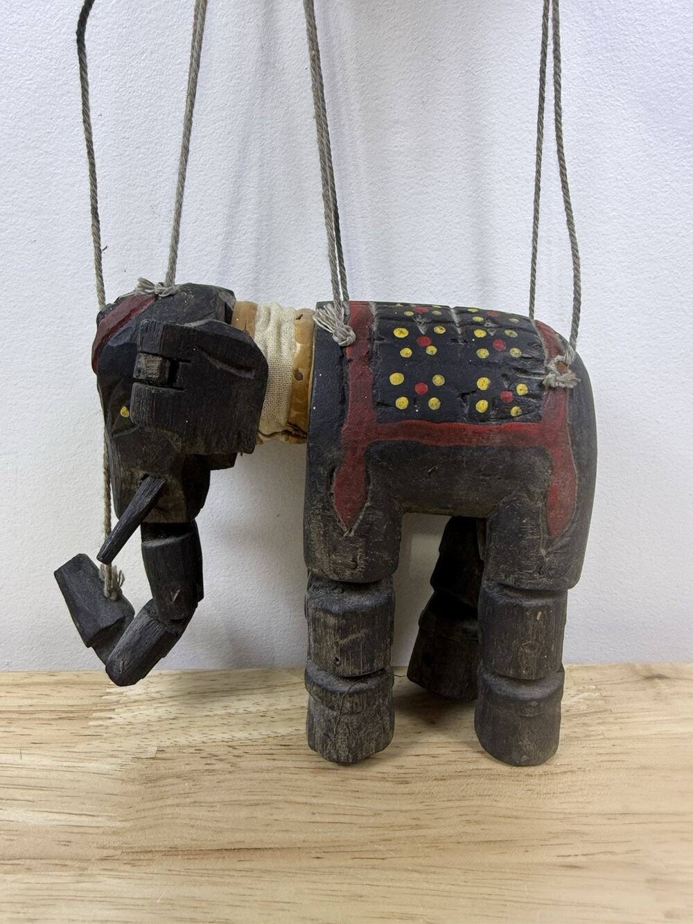 Vintage Hand Carved Indonesian Folk Art Wooden Jointed Elephant Marionette